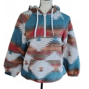 Vtg Style Southwest Aztec 1/4 Zip Hoodie Medium Woven Oversized Boho Western